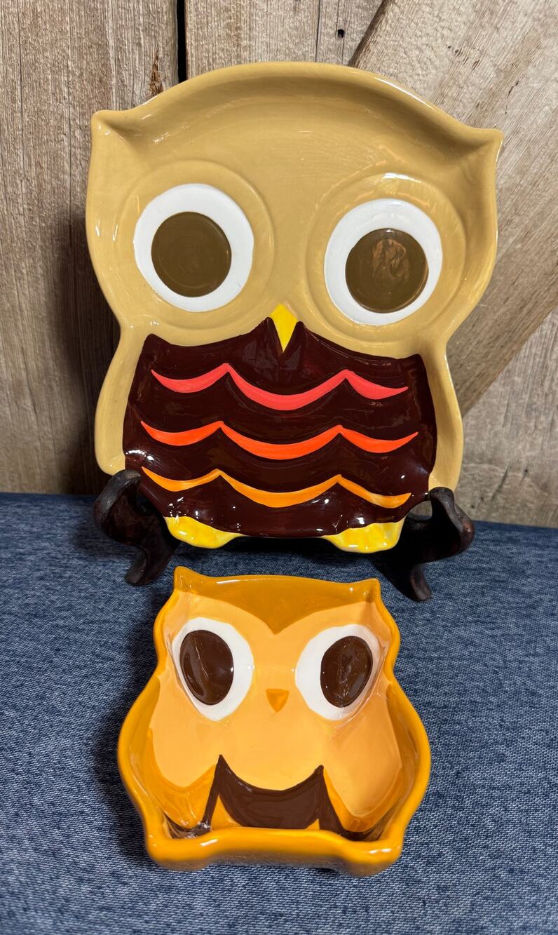 Lot Of 2 Mesa Home Hoot Barn Owls Glazed Hand Painted Retired Platter & Dish